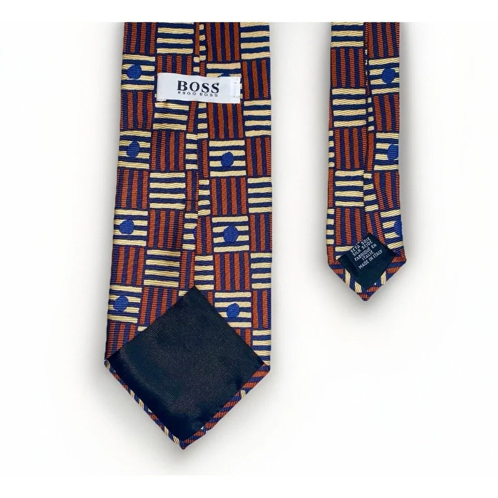 Hugo Boss Mens Tie Silk Brown Blue Geometric Striped Italy Designer Necktie